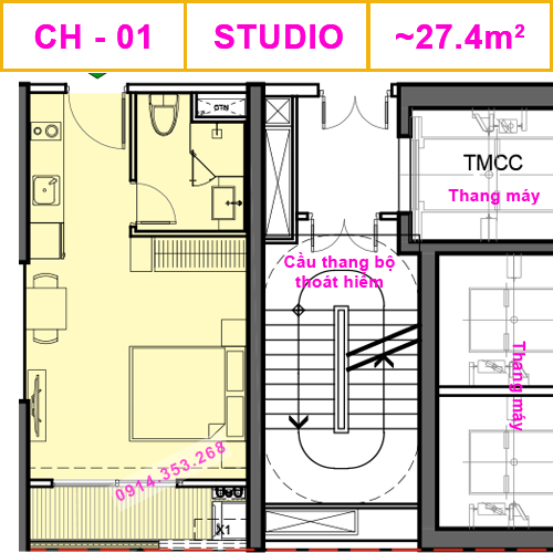 Thiết kế căn CH-01, Studio, 27.4m