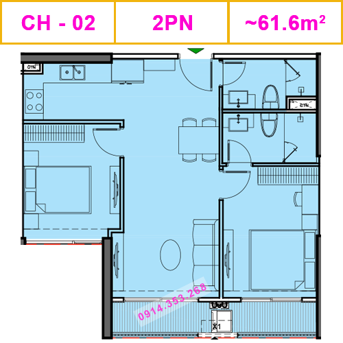 Thiết kế căn CH-02, 2PN, 61.6m