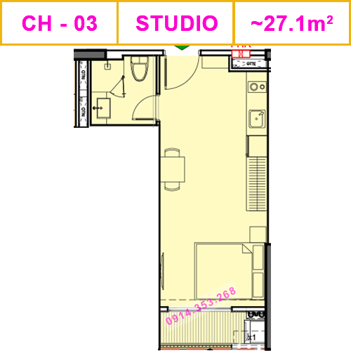 Thiết kế căn CH-03, Studio, 27m