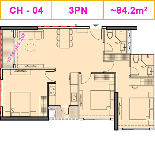 Thiết kế căn CH-04, 3PN, 84.2m