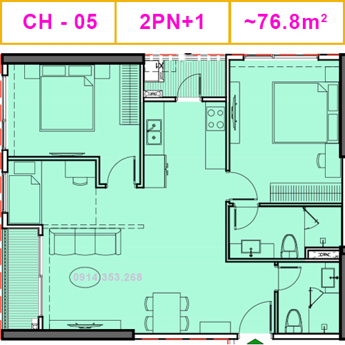 Thiết kế căn CH-05, 2PN+1, 76.8m