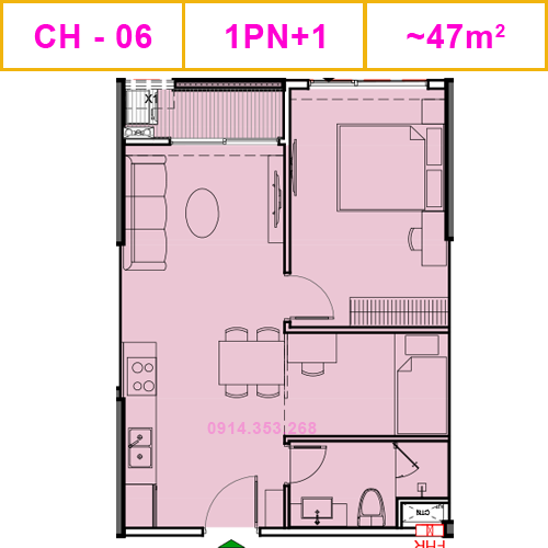 Thiết kế căn CH-06, 1PN+1, 47m
