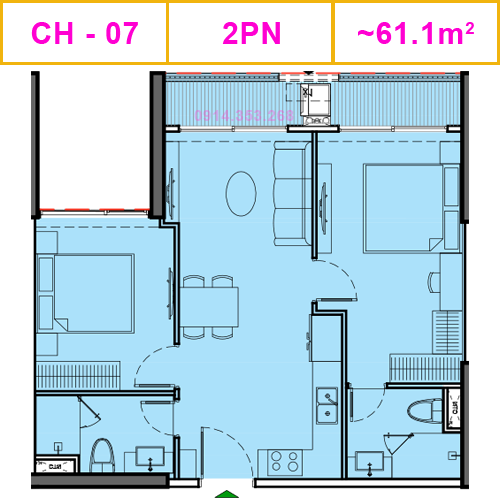 Thiết kế căn CH-07, 2PN, 61.1m