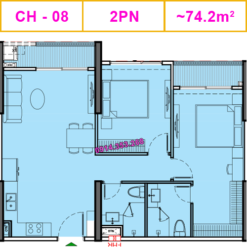 Thiết kế căn CH-08, 2PN, 74.2m