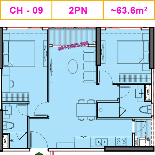 Thiết kế căn CH-09, 2PN, 63.6m