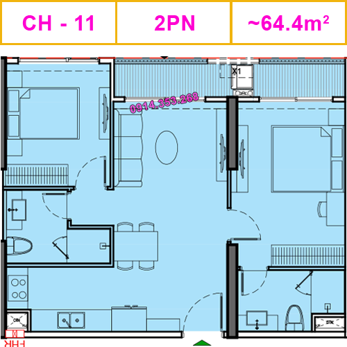 Thiết kế căn CH-11, 2PN, 64.4m