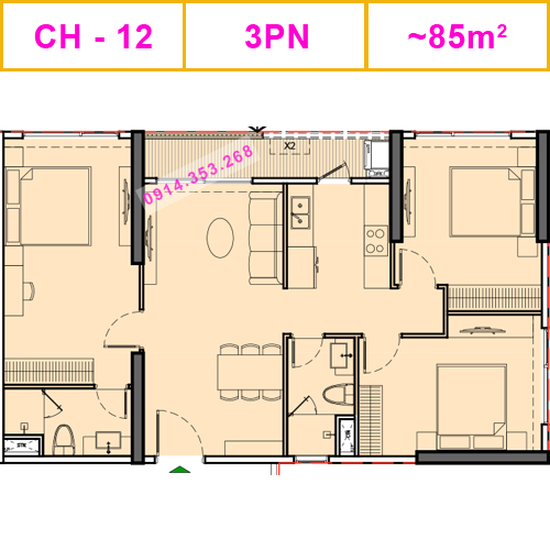 Thiết kế căn CH-12, 3PN, 85m