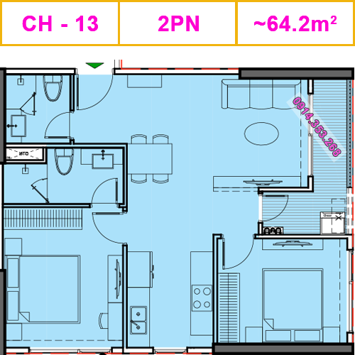 Thiết kế căn CH-13, 2PN, 64.2m