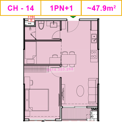 Thiết kế căn CH-14, 1PN+1, 47.9m