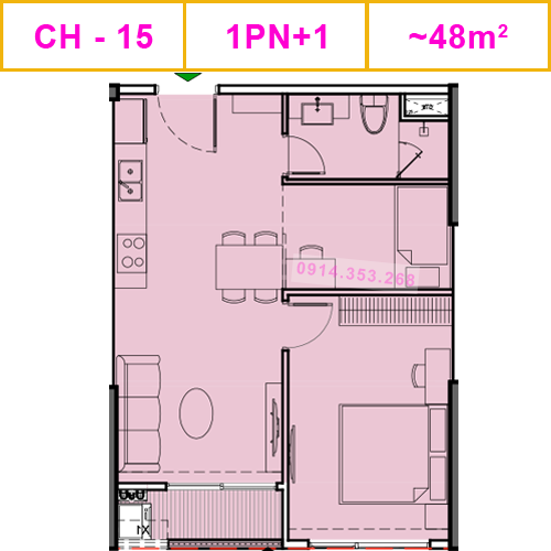 Thiết kế căn CH-15, 1PN+1, 48m