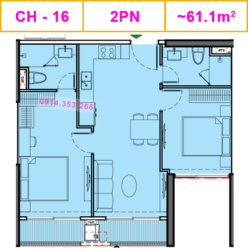 Thiết kế căn CH-16, 2PN, 61.1m