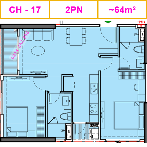 Thiết kế căn CH-17, 2PN, 64m