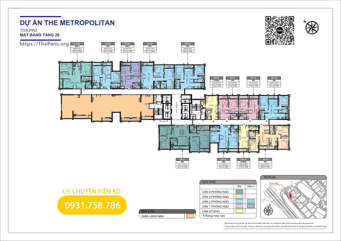 Tổng mặt bằng tầng 20 tòa PR2 The Paris