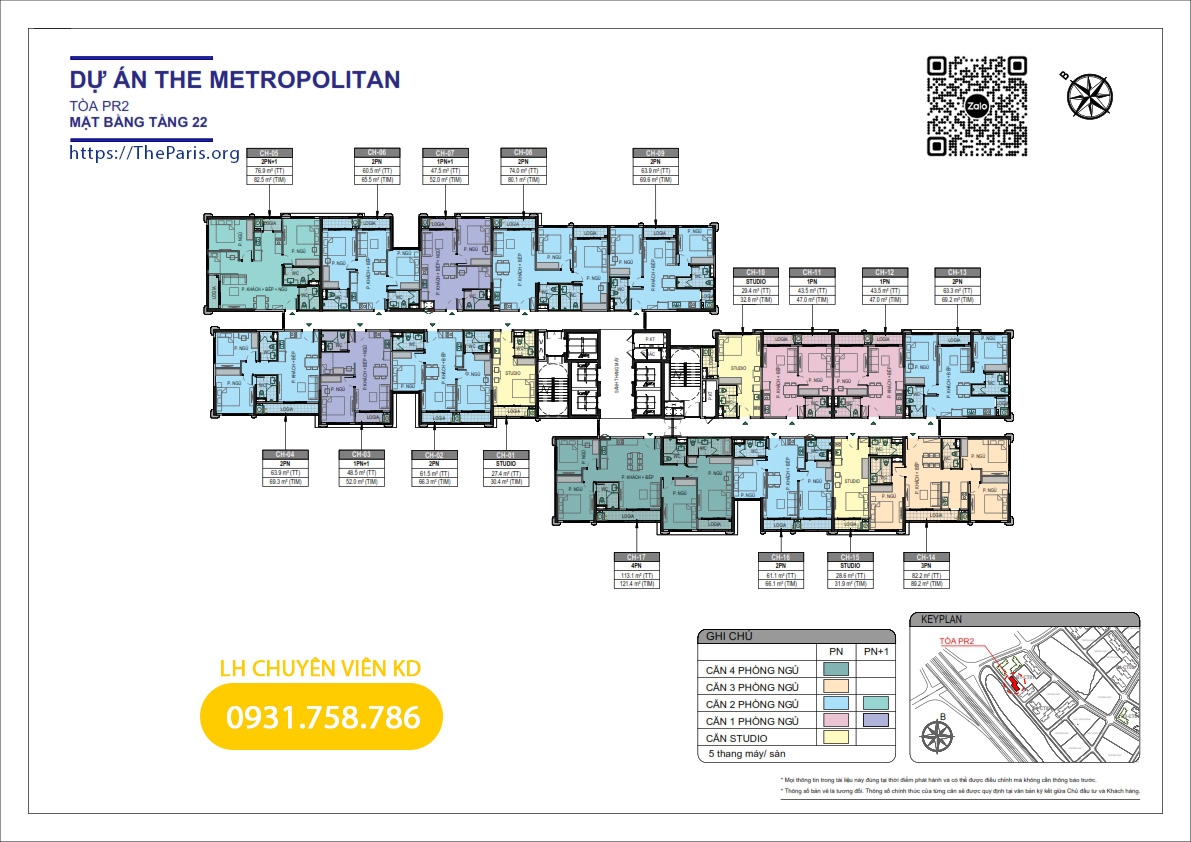 Tổng mặt bằng tầng 22 tòa PR2 The Paris